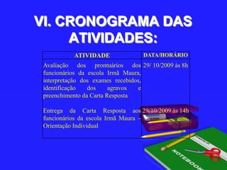 VI. CRONOGRAMA DAS ATIVIDADES: