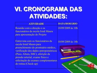 VI. CRONOGRAMA DAS ATIVIDADES: