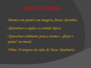 Quarta etapa - Montar um painel com imagens, frases, desenhos  - Apresentar a região e a comida típica. - Apresentar oralmente para a turma e  afixar o  painel  no mural. - Filme: O tempero da vida; de Tarso  Baulmetis. 
