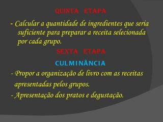 Quinta  etapa -  Calcular a quantidade de ingredientes que seria suficiente para preparar a receita selecionada por cada grupo. sexta  etapa CULMINÂNCIA - Propor a organização de livro com as receitas  apresentadas pelos grupos. - Apresentação dos pratos e degustação. 
