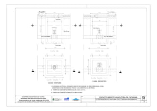 CAIXA VENTOSA
PVC DN 200mm
1
AA
1
ou Pedra
Furo 10cm
CAIXA REGISTRO
PCV DN 200mm
1
A A
1
1- ALVENARIA EM TIJOLO CERAMICO MACICO 5X10X20CM 1/2 VEZ (ESPESSURA 10CM)
ASSENTADO COM ARGAMASSA TRACO 1:2:8 (CIMENTO, CAL E AREIA)
2- TAMPA EM CONCRETO ARMADO (0,90 x 0,90 x 0,15 m)
3- FUNDO EM CONCRETO SIMPLES 15 MPa h=10cm
Furo 5cm
Furo 10cm
Alv.1/2 vez
Alv.1/2 vez
CX. DE REGISTROS E VENTOSAS-TIPO 1 TRECHOS ENTERRADOS
DesenhoObs.:
Escala
01
1:20
 