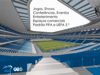 Jogos, Shows,
Conferências, Eventos
Entretenimento
Espaços comerciais
Padrão FIFA e UEFA 5 *
 
