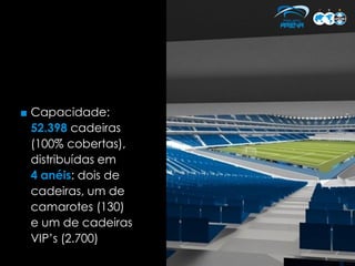 ■ Capacidade:
  52.398 cadeiras
  (100% cobertas),
  distribuídas em
  4 anéis: dois de
  cadeiras, um de
  camarotes (130)
  e um de cadeiras
  VIP’s (2.700)
 