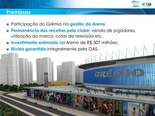 Premissas

■ Participação do Grêmio na gestão da Arena.
■ Permanência das receitas pelo clube: venda de jogadores,
  utilização da marca, cotas de televisão etc.
■ Investimento estimado na Arena de R$ 307 milhões.
■ Dívida garantida integralmente pela OAS.
 