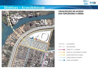 Diretrizes – Acessibilidade
                              VISUALIZAÇÃO DO ACESSO
                              DOS TORCEDORES À ARENA




                                     VIAS EXISTENTES

                                     VIAS PROPOSTAS

                                     ACESSO AV. A. J. RENNER

                                     ACESSO AV. VOLUNTÁRIOS DA PÁTRIA

                                     ACESSO RODOVIA DO PARQUE

                                     ACESSO ESTAÇÃO DE METRÔ

                                     ACESSO DE PEDESTRES
 