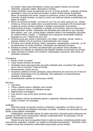 as constitui, todas essas informações e outras que surgirem através de conversas,
entrevistas, pesquisas, relatos, descrições e reuniões;
3. Origem da família a partir da exploração do Livro “A árvore da família”, confecção da árvore
genealógica, mural com as fotos que retratem a cultura familiar através de legendas,
álbuns do significado dos nomes, origens do sobrenome, pontuar os diferentes países
marcando no globo terrestre ou mapa do mundo com adesivos colorido a identificação dos
países de origem;
4. Álbum de memórias da família, com base no Livro “Um por todos, todos por um”, através
de fotos ou mimos criar relatos sobre os acontecimentos do passado a fim de desenvolver
o hábito de reconto de fatos, facilitando o diálogo e aproximando os envolvidos;
5. Mural da linha do tempo, constatando a evolução do ser humano, fases do crescimento e
desenvolvimento humano, adequações das atividades para cada fase (o que cada fase
deve explorar, usar, ouvir, porque existem materiais infantis e recomendações indicativas
de idade em filmes, novelas,...). Finalização com a sequencia de atividades didáticas
baseadas no Livro “ Histórias de avô e avó”.
6. Dinâmicas para pais, alunos e funcionários a fim refletir, consolidar, discutir, valores e
repensar atitudes a fim de aprimorar o desenvolvimento das crianças.
7. Encontros com a família (reuniões, festas, exposições, apresentações, cineminha,...)a fim
de aproximá-los da escola, incentivar a valorização das atividades escolares;
8. Sessões de cinema com filmes pré selecionados que retratam temas relevantes da
atualidade com enfoque na importância das relações familiares na formação do indivíduo.
9. Jogos, gincanas em família a fim incentivar a participação e aproximar pais e filhos em
atividades recreativas.
Cronograma:
 Evento “Lendo no parque”
 Anual “Sacola da leitura em família”
 Atividades anuais para exposições que serão realizadas junto ao produto final sugerido
para o mês de novembro “Festa da Família”.
 Bimestralmente reunião de pais;
 Sequências didáticas mensais planejadas pelas professoras de cada turma de 15 dias em
momentos diferenciados a fim de contemplar itens destacados no desenvolvimento
anexados a esse projeto.
 Semestralmente sessões de cinema para a família;
Recursos:
 Data show;
 Filmes contendo temas e reflexões para a família;
 Livros e gêneros diversos da biblioteca escolar;
 Materiais para a reciclagem;
 Cola, tesoura, tinta, pincel, lápis, borracha, papel;
 Som;
 Cds contendo músicas de diferentes gêneros, explorando diferentes temas envolvendo
família e convívio em sociedade;
Avaliação:
Será feita através de registros escritos ou ilustrativos organizados em diários onde os
alunos farão a descrição de situações vivenciadas no projeto. Contendo sua apreciação e de sua
família a cada objetivo contemplado.
Coletivamente acompanhar através de relatos descritos e discutidos pelos professores em
reuniões de HTPC sobre a participação, interesse e desenvolvimento de cada grupo a fim de
garantir a flexibilidade das ações.
Através de uma caixa de sugestões fixada no pátio da escola, os familiares poderão expor
suas opiniões, sugestões, questões...em relação as atividades desenvolvidas. Garantindo assim
o registro escrito que comprovará a efetividade desse projeto para as famílias.
 