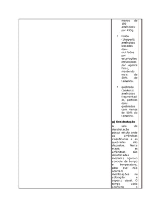 menos de
102
amêndoas
por 453g.
• ferida
(chipped):
amêndoas
lascadas
e/ou
mutiladas
por
escoriações
provocadas
por agente
físico,
mantendo
mais de
50% de
tamanho.
• quebrada
(broken):
amêndoas
fragmentad
as, partidas
e/ou
quebradas
com menos
de 50% do
tamanho.
g) Desidratação
A sala de
desidratação
possui estufa onde
as amêndoas
classificadas e as
quebradas são
dispostas. Nesta
etapa, as
amêndoas são
desidratadas
mediante rigoroso
controle de tempo
e temperatura,
para que não
ocorram
modificações na
coloração e
aspecto visual. O
tempo varia
conforme o
 
