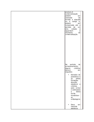 produto.A
comercialização
poderá ser
realizada de
formas a atacado
ou a vareja e,
poderá ser
conservada até o
período de um
ano. cabado e
aguardam o
momento da
comercialização.
No período de
armazenamento,
alguns critérios
devem ser
seguidos:
• Estrados de
polietileno e
as pilhas
formadas
deverão
obedecer a
critérios
para evitar
o sobrepeso
e desta
forma
inviabilizar
as
embalagens
.
• Deve ser
mantida
distância
 