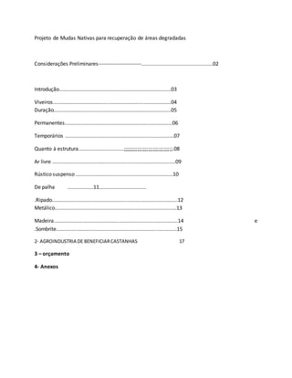 Projeto de Mudas Nativas para recuperação de áreas degradadas
Considerações Preliminares------------------------..................................................02
Introdução..............................................................................03
Viveiros..................................................................................04
Duração..................................................................................05
Permanentes...........................................................................06
Temporários ............................................................................07
Quanto à estrutura................................;;;;;;;;;;;;;;;;;;;;;;;;;;;;;;;;.08
Ar livre ......................................................................................09
Rústico suspenso ....................................................................10
De palha ..................11.................................
.Ripado.......................................................................................12
Metálico.....................................................................................13
Madeira......................................................................................14 e
.Sombrite....................................................................................15
2- AGROINDUSTRIA DE BENEFICIARCASTANHAS 17
3 – orçamento
4- Anexos
 