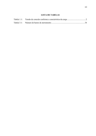 xii
LISTA DE TABELAS
Tabela 1.1: Tensão de conexão conforme a característica da carga ......................................2
Tabela 3.1: Número de hastes de aterramento.....................................................................34
 