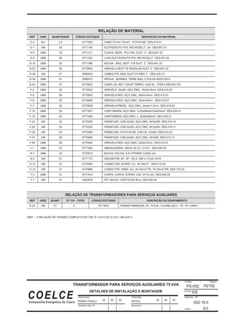 Desenhista
Substitui Des. Nº
Verificado
Código / Página
Escala
Desenho Nº
Folha:
Aprovado
COELCE
Companhia Energética do Ceará
70/162
TRANSFORMADOR PARA SERVIÇOS AUXILIARES 75 kVA
DETALHES DE INSTALAÇÃO E MONTAGEM
PS-052
S/E
052.19.0
3/3
PEDRO PAULO KEYLA
20 02 03 20 02 03
RELAÇÃO DE MATERIAL
REF UNID QUANTIDADE CÓDIGO ESTOQUE DESCRIÇÃO DO MATERIAL
C-3 KG 2,5 6771504 CABO CU NU 70mm² 19 FIOS MD DES-210.01
D-1 UM 02 6771193 ELETRODUTO PVC RIG ROSQ 2” 3m DES-651.01
D-5 UMA 03 6771211 CURVA, 90GR, PVC RIG, ELET 2” DES-651.03
D-9 UMA 06 6771202 LUVA ELETRODUTO PVC RIG ROSQ 2” DES-651.02
D-19 UMA 02 6771386 BUCHA , BAQ, SEXT, FIX ELET 2” DES-641.25
D-22 UMA 02 6770654 ARRUELA SEXT FE NODULAR ELET 2” DES-641.20
D-38 UM 01 0090002 CABEÇOTE, BAQ, ELET/CX MED 2” DES-435.10
D-39 UMA 01 0090012 RÉGUA , BORNES, TERM, BAQ, 5 POLOS 600V/150 A
D-43 UMA 01 6775622 CAIXA LIG, RET, EQUIP TEMPO, LIGA AL , ITEM 2 DES-641.05
F-2 UMA 02 6770632 ARRUELA QUAD, AÇO ZINC, 50x3x18mm DES-410.03
F-5 UMA 08 6770645 ARRUELA RED, AÇO ZINC, 28x3x14mm DES-410.01
F-6 UMA 02 6770646 ARRUELA RED, AÇO ZINC, 36x3x18mm DES-410.01
F-7 UMA 02 6770638 ARRUELA PRESS, AÇO ZINC, 24x4x17,5mm DES-410.02
F-10 UMA 02 6771837 CANTONEIRA, AÇO ZINC, U-50x38x5x310x430mm DES-435.31
F-12 UMA 02 6771829 CANTONEIRA, AÇO ZINC, L, 40x5x250mm DES-435.21
F-22 UM 02 6770305 PARAFUSO, CAB QUAD, AÇO ZINC, M16x200 DES-410.10
F-29 UM 04 6770350 PARAFUSO, CAB QUAD, AÇO ZINC, M12x250 DES-410.11
F-34 UM 03 6770594 PARAFUSO, AUTO-ATAR, CAB CIL, 4,8x50 DES-410.32
F-47 UM 04 6770560 PARAFUSO, CAB QUAD, AÇO ZINC, M10x50 DES-410.12
F-56 UMA 08 6770644 ARRUELA RED, AÇO ZINC, 22x2x12mm DES-410.01
L-1 UMA 03 6771903 ABRAÇADEIRA, UNHA, 60 (2”), D10,5 DES-655.20
N-1 UMA 03 6770615 BUCHA, NYLON, S-8, P/PARAF 4,8x50 mm
N-4 UM 01 6771172 DISJUNTOR, BT, 3P, 150 A, 380 V /10 kA C/FIX
O-12 UM 01 6770949 CONECTOR, ATERR, CU, 16-70mm
2
DES-710.25
O-13 UM 01 6770898 CONECTOR FEND, CU, 35-70mm
2
TR, 16-70mm
2
DR DES-710.35
T-3 UMA 01 6771912 CHAPA, CURVA, ATERR, CAZ, D=14 mm DES-800.20
T-7 UM 01 4543476 PÓ, SOLDA, CARTUCHO 90 g DES-820.40
RELAÇÃO DE TRANSFORMADORES PARA SERVIÇOS AUXILIARES
REF UNID QUANT ET-101 (TIPO) CÓDIGO ESTOQUE DESCRIÇÃO DO EQUIPAMENTO
E-20 UM 01 C 6771623 TRANSFORMADOR, 3F, 75 kVA, 14,4/380-220 V ET-101 (OBS*)
OBS* : A RELAÇÃO DE TENSÃO COMPLETA DO TSA É 14,4/13,8/13,2 kV / 380-220 V.
 