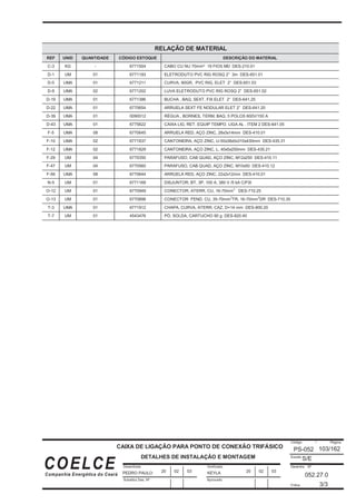 Desenhista
Substitui Des. Nº
Verificado
Código / Página
Escala
Desenho Nº
Folha:
Aprovado
COELCE
Companhia Energética do Ceará
103/162
CAIXA DE LIGAÇÃO PARA PONTO DE CONEXÃO TRIFÁSICO
DETALHES DE INSTALAÇÃO E MONTAGEM
PS-052
S/E
052.27.0
3/3
PEDRO PAULO KEYLA
20 02 03 20 02 03
RELAÇÃO DE MATERIAL
REF UNID QUANTIDADE CÓDIGO ESTOQUE DESCRIÇÃO DO MATERIAL
C-3 KG - 6771504 CABO CU NU 70mm² 19 FIOS MD DES-210.01
D-1 UM 01 6771193 ELETRODUTO PVC RIG ROSQ 2” 3m DES-651.01
D-5 UMA 01 6771211 CURVA, 90GR, PVC RIG, ELET 2” DES-651.03
D-9 UMA 02 6771202 LUVA ELETRODUTO PVC RIG ROSQ 2” DES-651.02
D-19 UMA 01 6771386 BUCHA , BAQ, SEXT, FIX ELET 2” DES-641.25
D-22 UMA 01 6770654 ARRUELA SEXT FE NODULAR ELET 2” DES-641.20
D-39 UMA 01 0090012 RÉGUA , BORNES, TERM, BAQ, 5 POLOS 600V/150 A
D-43 UMA 01 6775622 CAIXA LIG, RET, EQUIP TEMPO, LIGA AL , ITEM 2 DES-641.05
F-5 UMA 08 6770645 ARRUELA RED, AÇO ZINC, 28x3x14mm DES-410.01
F-10 UMA 02 6771837 CANTONEIRA, AÇO ZINC, U-50x38x5x310x430mm DES-435.31
F-12 UMA 02 6771829 CANTONEIRA, AÇO ZINC, L, 40x5x250mm DES-435.21
F-29 UM 04 6770350 PARAFUSO, CAB QUAD, AÇO ZINC, M12x250 DES-410.11
F-47 UM 04 6770560 PARAFUSO, CAB QUAD, AÇO ZINC, M10x50 DES-410.12
F-56 UMA 08 6770644 ARRUELA RED, AÇO ZINC, 22x2x12mm DES-410.01
N-5 UM 01 6771169 DISJUNTOR, BT, 3P, 100 A, 380 V /5 kA C/FIX
O-12 UM 01 6770949 CONECTOR, ATERR, CU, 16-70mm
2
DES-710.25
O-13 UM 01 6770898 CONECTOR FEND, CU, 35-70mm
2
TR, 16-70mm
2
DR DES-710.35
T-3 UMA 01 6771912 CHAPA, CURVA, ATERR, CAZ, D=14 mm DES-800.20
T-7 UM 01 4543476 PÓ, SOLDA, CARTUCHO 90 g DES-820.40
 