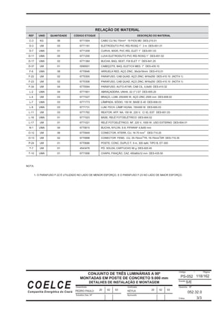 Desenhista
Substitui Des. Nº
Verificado
Código / Página
Escala
Desenho Nº
Folha:
Aprovado
COELCE
Companhia Energética do Ceará
118/162
CONJUNTO DE TRÊS LUMINÁRIAS A 90º
MONTADAS EM POSTE DE CONCRETO 9.000 mm
DETALHES DE INSTALAÇÃO E MONTAGEM
PS-052
S/E
052.32.0
3/3
PEDRO PAULO KEYLA
20 02 03 20 02 03
RELAÇÃO DE MATERIAL
REF UNID QUANTIDADE CÓDIGO ETOQUE DESCRIÇÃO DO MATERIAL
C-3 KG 06 6771504 CABO CU NU 70mm² 19 FIOS MD DES-210.01
D-3 UM 03 6771191 ELETRODUTO PVC RÍG ROSQ 1” 3 m DES-651.01
D-7 UMA 01 6771209 CURVA, 90GR, PVC RÍG, ELET 1” DES-651.03
D-11 UMA 05 6771200 LUVA ELETRODUTO PVC RÍG ROSQ 1” DES-651.02
D-17 UMA 02 6771384 BUCHA, BAQ, SEXT, FIX ELET 1” DES-641.25
D-37 UM 01 0090001 CABEÇOTE, BAQ, ELET/CX MED, 1” DES-435.10
F-6 UMA 08 6770646 ARRUELA RED, AÇO ZINC, 36x3x18mm DES-410.01
F-22 UM 02 6770305 PARAFUSO, CAB QUAD, AÇO ZINC, M16x200 DES-410.10 (NOTA 1)
F-23 UM 02 6770306 PARAFUSO, CAB QUAD, AÇO ZINC, M16x250 DES-410.10 (NOTA 1)
F-34 UM 04 6770594 PARAFUSO, AUTO-ATAR, CAB CIL, 4,8x50 DES-410.32
L-2 UMA 04 6771901 ABRAÇADEIRA, UNHA, 32 (1”) D7 DES-655.20
L-4 UM 03 6771027 BRAÇO, LUMI, 250/400 W, AÇO ZINC 2500 mm DES-608.02
L-7 UMA 03 6771773 LÂMPADA, SÓDIO, 150 W, BASE E-40 DES-606.03
L-8 UMA 03 6771731 LUM, FECH, LÂMP HG/NA, 150/400 W DES-600.03
L-11 UM 03 6771762 REATOR, AFP, NA, 150 W, 220 V, C/ IG, EXT DES-601.03
L-16 UMA 01 6771023 BASE, RELÉ FOTOELÉTRICO DES-604.02
L-17 UM 01 6771021 RELÉ FOTOELÉTRICO, NF, 220 V, 1000 W, USO EXTERNO DES-604.01
N-1 UMA 04 6770615 BUCHA, NYLON, S-8, P/PARAF 4,8x50 mm
O-12 UM 06 6770949 CONECTOR, ATERR, CU, 16-70 mm
2
DES-710.25
O-13 UM 02 6770898 CONECTOR FEND, CU, 35-70mm
2
TR, 16-70mm
2
DR DES-710.35
P-24 UM 01 6770686 POSTE, CONC, DUPLO T, 9 m, 300 daN, TIPO B, ET-300
T-7 UM 01 4543476 PÓ, SOLDA, CARTUCHO 90 g DES-820.40
T-10 UMA 01 6771856 CHAPA, FIXAÇÃO, CAZ, 450x60x12 mm DES-435.50
NOTA:
1- O PARAFUSO F-22 É UTILIZADO NO LADO DE MENOR ESFORÇO, E O PARAFUSO F-23 NO LADO DE MAIOR ESFORÇO.
 