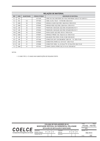 Desenhista
Substitui Des. Nº
Verificado
Código / Página
Escala
Desenho Nº
Folha:
Aprovado
COELCE
Companhia Energética do Ceará
142/162
COLUNA DE ISOLADORES 69 kV
MONTAGEM VERTICAL OU HORIZONTAL PELA BASE
DETALHES DE INSTALAÇÃO E MONTAGEM
PS-052
S/E
052.44.0
2/2
PEDRO PAULO KEYLA
20 02 03 20 02 03
RELAÇÃO DE MATERIAL
REF UNID QUANTIDADE CÓDIGO ETOQUE DESCRIÇÃO DO MATERIAL
C-1 KG - 6771528 CABO, NU CAA, 266,8 MCM, 26/7 FIOS, PARTRIDGE DES-211.02 (NOTA 1)
C-3 KG 0,5 6771504 CABO, CU NU 70mm² 19 FIOS MD DES-210.01
F-1 UMA 02 6770633 ARRUELA, QUAD, AÇO ZINC, 38x3x14mm DES-410.03
F-5 UMA 02 6770645 ARRUELA RED, AÇO ZINC, 28x3x14mm DES-410.01
F-30 UM 02 6770351 PARAFUSO, CAB QUAD, AÇO ZINC, M12x300 DES-410.11
F-32 UM 02 6770353 PARAFUSO, CAB QUAD, AÇO ZINC, M12x400 DES-410.11
F-49 UMA 02 6770623 PORCA QUAD, AÇO ZINC, M12x1,5 DES-410.04
F-55 UMA 01 6770637 ARRUELA, PRESS, CAZ, 18x3x13,5 mm DES-410.02
I-3 UM 02 6771071 ISOLADOR, PED, PORC, D=355, H=368 DES-503.05
O-5 UM 01 6771492 CONECTOR, SUP, CAA 266,8MCM, TUBO 3/8” - 1/2” DES-710.08
O-12 UM 01 6770949 CONECTOR, ATERR, CU, 16-70 mm
2
DES-710.25
O-13 UM 01 6770898 CONECTOR FEND, CU, 35-70mm
2
TR, 16-70mm
2
DR DES-710.35
T-3 UMA 01 6771912 CHAPA, CURVA, ATERR, CAZ, D=14 mm DES-800.20
NOTAS:
1- O CABO TIPO C-1 É USADO NAS SUBESTAÇÕES DE PEQUENO PORTE.
 