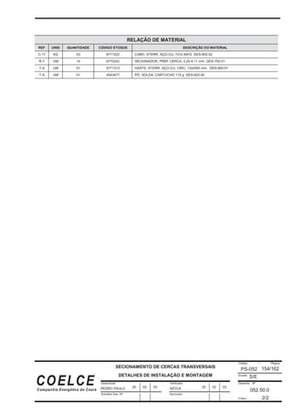 Desenhista
Substitui Des. Nº
Verificado
Código / Página
Escala
Desenho Nº
Folha:
Aprovado
COELCE
Companhia Energética do Ceará
154/162
SECIONAMENTO DE CERCAS TRANSVERSAIS
DETALHES DE INSTALAÇÃO E MONTAGEM
PS-052
S/E
052.50.0
2/2
PEDRO PAULO KEYLA
20 02 03 20 02 03
RELAÇÃO DE MATERIAL
REF UNID QUANTIDADE CÓDIGO ETOQUE DESCRIÇÃO DO MATERIAL
C-17 KG 03 6771522 CABO, ATERR, AÇO-CU, 7x10 AWG DES-805.02
R-7 UM 10 6770242 SECIONADOR, PREF CERCA, 3,25-4,11 mm DES-750.01
T-6 UM 01 6771313 HASTE, ATERR, AÇO-CU, CIRC, 13x2000 mm DES-800.01
T-8 UM 01 4543477 PÓ, SOLDA, CARTUCHO 115 g DES-820.40
 