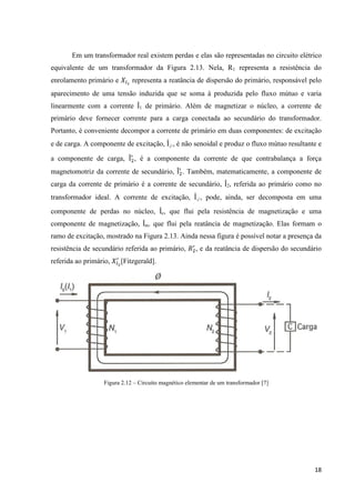 18
Em um transformador real existem perdas e elas são representadas no circuito elétrico
equivalente de um transformador da Figura 2.13. Nela, R1 representa a resistência do
enrolamento primário e 
representa a reatância de dispersão do primário, responsável pelo
aparecimento de uma tensão induzida que se soma à produzida pelo fluxo mútuo e varia
linearmente com a corrente Î1 de primário. Além de magnetizar o núcleo, a corrente de
primário deve fornecer corrente para a carga conectada ao secundário do transformador.
Portanto, é conveniente decompor a corrente de primário em duas componentes: de excitação
e de carga. A componente de excitação, Î, é não senoidal e produz o fluxo mútuo resultante e
a componente de carga, Î

, é a componente da corrente de que contrabalança a força
magnetomotriz da corrente de secundário, Î

. Também, matematicamente, a componente de
carga da corrente de primário é a corrente de secundário, Î2, referida ao primário como no
transformador ideal. A corrente de excitação, Î, pode, ainda, ser decomposta em uma
componente de perdas no núcleo, Îc, que flui pela resistência de magnetização e uma
componente de magnetização, Îm. que flui pela reatância de magnetização. Elas formam o
ramo de excitação, mostrado na Figura 2.13. Ainda nessa figura é possível notar a presença da
resistência de secundário referida ao primário, 

, e da reatância de dispersão do secundário
referida ao primário, 

[Fitzgerald].
Figura 2.12 – Circuito magnético elementar de um transformador [7]
 