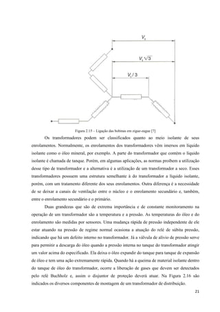 21
Figura 2.15 – Ligação das bobinas em zigue-zague [7]
Os transformadores podem ser classificados quanto ao meio isolante de seus
enrolamentos. Normalmente, os enrolamentos dos transformadores vêm imersos em líquido
isolante como o óleo mineral, por exemplo. A parte do transformador que contém o líquido
isolante é chamada de tanque. Porém, em algumas aplicações, as normas proíbem a utilização
desse tipo de transformador e a alternativa é a utilização de um transformador a seco. Esses
transformadores possuem uma estrutura semelhante à do transformador a líquido isolante,
porém, com um tratamento diferente dos seus enrolamentos. Outra diferença é a necessidade
de se deixar a canais de ventilação entre o núcleo e o enrolamento secundário e, também,
entre o enrolamento secundário e o primário.
Duas grandezas que são de extrema importância e de constante monitoramento na
operação de um transformador são a temperatura e a pressão. As temperaturas do óleo e do
enrolamento são medidas por sensores. Uma mudança rápida de pressão independente de ele
estar atuando na pressão de regime normal ocasiona a atuação do relé de súbita pressão,
indicando que há um defeito interno no transformador. Já a válvula de alívio de pressão serve
para permitir a descarga do óleo quando a pressão interna no tanque do transformador atingir
um valor acima do especificado. Ela deixa o óleo expandir do tanque para tanque de expansão
de óleo e tem uma ação extremamente rápida. Quando há a queima de material isolante dentro
do tanque de óleo do transformador, ocorre a liberação de gases que devem ser detectados
pelo relé Buchholz e, assim o disjuntor de proteção deverá atuar. Na Figura 2.16 são
indicados os diversos componentes de montagem de um transformador de distribuição.
 