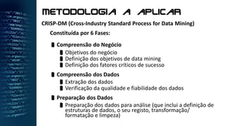 Metodologia a aplicar
CRISP-DM (Cross-Industry Standard Process for Data Mining)
Constituída por 6 Fases:
Compreensão do Negócio
Objetivos do negócio
Definição dos objetivos de data mining
Definição dos fatores críticos de sucesso
Compreensão dos Dados
Extração dos dados
Verificação da qualidade e fiabilidade dos dados
Preparação dos Dados
Preparação dos dados para análise (que inclui a definição de
estruturas de dados, o seu registo, transformação/
formatação e limpeza)
 