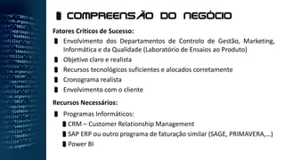 Fatores Críticos de Sucesso:
 Envolvimento dos Departamentos de Controlo de Gestão, Marketing,
Informática e da Qualidade (Laboratório de Ensaios ao Produto)
 Objetivo claro e realista
 Recursos tecnológicos suficientes e alocados corretamente
 Cronograma realista
 Envolvimento com o cliente
Recursos Necessários:
 Programas Informáticos:
CRM – Customer Relationship Management
SAP ERP ou outro programa de faturação similar (SAGE, PRIMAVERA,…)
Power BI
 Compreensão do negócio
 