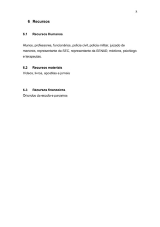 8


      6 Recursos


6.1     Recursos Humanos


Alunos, professores, funcionários, policia civil, policia militar, juizado de
menores, representante da SEC, representante da SENAD, médicos, psicólogo
e terapeutas.


6.2     Recursos materiais
Vídeos, livros, apostilas e jornais




6.3     Recursos financeiros
Oriundos da escola e parceiros
 