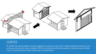 CORTES
Os CORTES são representações de vistas ortográficas seccionais do tipo “corte”, obtidas quando passamos por uma
construção um plano de corte e projeção VERTICAL, normalmente paralelo às paredes, e retiramos a parte frontal,
mais um conjunto de informações escritas que o complementam.
 