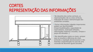 CORTES
REPRESENTAÇÃO DAS INFORMAÇÕES
• No desenho dos cortes verticais, as
representações são as cotas verticais,
indicação de níveis e denominação dos
ambientes cortados.
• Outras informações julgadas importantes
podem ser discriminadas
(impermeabilizações, capacidade de
reservatórios, inclinação telhados,
informações relativas a escadas, rampas e
poços de elevador...)
• São identificados todos os níveis, sempre
que se visualize a diferença de nível,
evitando a repetição desnecessária e não
fazendo a especificação no caso de uma
sucessão de desníveis iguais (escada).
 