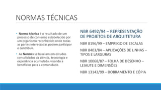 NORMAS TÉCNICAS
• Norma técnica é o resultado de um
processo de consenso estabelecido por
um organismo reconhecido onde todas
as partes interessadas podem participar
e contribuir.
• As Normas se baseiam em estudos
consolidados da ciência, tecnologia e
experiência acumulada, visando a
benefícios para a comunidade.
NBR 6492/94 – REPRESENTAÇÃO
DE PROJETOS DE ARQUITETURA
NBR 8196/99 – EMPREGO DE ESCALAS
NBR 8403/84 – APLICAÇÕES DE LINHAS –
TIPOS E LARGURAS
NBR 10068/87 – FOLHA DE DESENHO –
LEIAUTE E DIMENSÕES
NBR 13142/99 – DOBRAMENTO E CÓPIA
 