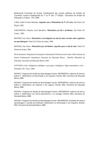 Referencial Curricular do Ensino Fundamental das escolas públicas do Estado do
Tocantins: Ensino Fundamental do 1º ao 9º ano. 2ª Edição / Secretaria de Estado da
Educação e Cultura. -TO: 2008.

LARA, Isabel Cristina Machado. Jogando com a Matemática de 5ª a 8ª série. São Paulo, Ed.
Rêspel, 2003.

JARANDILHA, Daniela, Leila Splendore. Matemática já não é problema. São Paulo Ed.
Cortez, 2005.

MENDES, Iran Abreu. Matemática e investigação em sala de aula: tecendo redes cognitivas
na aprendizagem. Natal, Ed. Flecha do tempo, 2006.

MENDES, Iran Abreu. Matemática por atividades: sugestões para a sala de aula. Natal, Ed.
Flecha do tempo, 2006.

Pró-Letramento: Programa de Formação Continuada de Professores dos Anos/ Séries Iniciais do
Ensino Fundamental: matemática/ Secretaria de Educação Básica – Brasília: Ministério da
Educação, Secretaria da Educação Básica, 2007.

ANTUNES, Celso. Indigências múltiplas e seus jogos: inteligência lógico-matemática, vol.6. –
Petrópolis, RJ: Vozes, 2006.

GESTAR II. Programa de Gestão da Aprendizagem Escolar. MATEMÁTICA: cadernos de teoria e
prática 1: Matemática na alimentação e nos impostos. Brasília: MEC, Secretaria de Educação
Básica, 2008.

GESTAR II. Programa de Gestão da Aprendizagem Escolar. MATEMÁTICA: cadernos de teoria e
prática 2: Matemática nos esportes e nos seguros. Brasília: MEC, Secretaria de Educação
Básica, 2008.

GESTAR II. Programa de Gestão da Aprendizagem Escolar. MATEMÁTICA: cadernos de tória e
prática 3: Matemática nas formas geométricas e na ecologia. Brasília: MEC, Secretaria de
Educação Básica, 2008.

GESTAR II. Programa de Gestão da Aprendizagem Escolar. MATEMÁTICA: atividades de apoio à
aprendizagem 1 (versão do professor): Matemática na alimentação e nos impostos. Brasília:
MEC, Secretaria de Educação Básica, 2008.
 