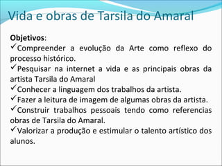 Objetivos:
Compreender a evolução da Arte como reflexo do
processo histórico.
Pesquisar na internet a vida e as principais obras da
artista Tarsila do Amaral
Conhecer a linguagem dos trabalhos da artista.
Fazer a leitura de imagem de algumas obras da artista.
Construir trabalhos pessoais tendo como referencias
obras de Tarsila do Amaral.
Valorizar a produção e estimular o talento artístico dos
alunos.
 