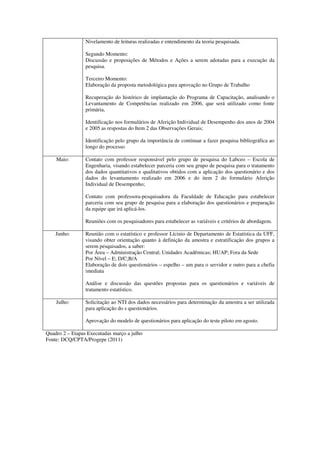 Nivelamento de leituras realizadas e entendimento da teoria pesquisada.

                 Segundo Momento:
                 Discussão e proposições de Métodos e Ações a serem adotadas para a execução da
                 pesquisa.

                 Terceiro Momento:
                 Elaboração da proposta metodológica para aprovação no Grupo de Trabalho

                 Recuperação do histórico de implantação do Programa de Capacitação, analisando o
                 Levantamento de Competências realizado em 2006, que será utilizado como fonte
                 primária,

                 Identificação nos formulários de Aferição Individual de Desempenho dos anos de 2004
                 e 2005 as respostas do Item 2 das Observações Gerais;

                 Identificação pelo grupo da importância de continuar a fazer pesquisa bibliográfica ao
                 longo do processo

    Maio:        Contato com professor responsável pelo grupo de pesquisa do Labceo – Escola de
                 Engenharia, visando estabelecer parceria com seu grupo de pesquisa para o tratamento
                 dos dados quantitativos e qualitativos obtidos com a aplicação dos questionário e dos
                 dados do levantamento realizado em 2006 e do item 2 do formulário Aferição
                 Individual de Desempenho;

                 Contato com professora-pesquisadora da Faculdade de Educação para estabelecer
                 parceria com seu grupo de pesquisa para a elaboração dos questionários e preparação
                 da equipe que irá aplicá-los.

                 Reuniões com os pesquisadores para estabelecer as variáveis e critérios de abordagem.

    Junho:       Reunião com o estatístico e professor Lícinio de Departamento de Estatística da UFF,
                 visando obter orientação quanto à definição da amostra e estratificação dos grupos a
                 serem pesquisados, a saber:
                 Por Área – Administração Central; Unidades Acadêmicas; HUAP; Fora da Sede
                 Por Nível – E; D/C;B/A
                 Elaboração de dois questionários – espelho – um para o servidor e outro para a chefia
                 imediata

                 Análise e discussão das questões propostas para os questionários e variáveis de
                 tratamento estatístico.

    Julho:       Solicitação ao NTI dos dados necessários para determinação da amostra a ser utilizada
                 para aplicação do s questionários.

                 Aprovação do modelo de questionários para aplicação do teste piloto em agosto.

Quadro 2 – Etapas Executadas março a julho
Fonte: DCQ/CPTA/Progepe (2011)
 