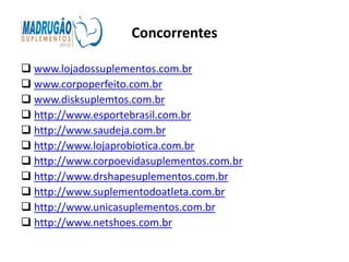 Concorrentes

 www.lojadossuplementos.com.br
 www.corpoperfeito.com.br
 www.disksuplemtos.com.br
 http://www.esportebrasil.com.br
 http://www.saudeja.com.br
 http://www.lojaprobiotica.com.br
 http://www.corpoevidasuplementos.com.br
 http://www.drshapesuplementos.com.br
 http://www.suplementodoatleta.com.br
 http://www.unicasuplementos.com.br
 http://www.netshoes.com.br
 