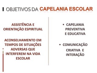 OBJETIVOS DA Capelania EscolarAssistência e orientação espiritual Aconselhamento em tempos de situações adversas que interferem na vida escolar Capelania Preventiva                   e EducativaComunicação     Criativa e Interação