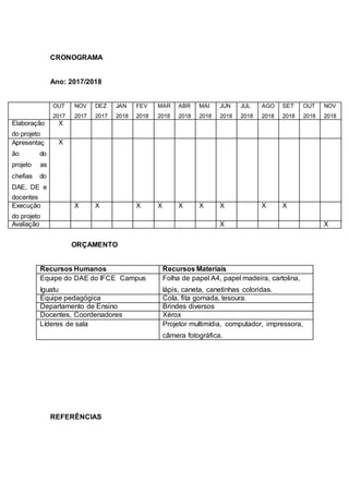 CRONOGRAMA
Ano: 2017/2018
OUT
2017
NOV
2017
DEZ
2017
JAN
2018
FEV
2018
MAR
2018
ABR
2018
MAI
2018
JUN
2018
JUL
2018
AGO
2018
SET
2018
OUT
2018
NOV
2018
Elaboração
do projeto
X
Apresentaç
ão do
projeto as
chefias do
DAE, DE e
docentes
X
Execução
do projeto
X X X X X X X X X
Avaliação X X
ORÇAMENTO
Recursos Humanos Recursos Materiais
Equipe do DAE do IFCE Campus
Iguatu
Folha de papel A4, papel madeira, cartolina,
lápis, caneta, canetinhas coloridas.
Equipe pedagógica Cola, fita gomada, tesoura.
Departamento de Ensino Brindes diversos
Docentes, Coordenadores Xérox
Líderes de sala Projetor multimídia, computador, impressora,
câmera fotográfica.
REFERÊNCIAS
 