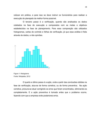 18



colocar em prática, e para isso se deve instruir os funcionários para realizar a
execução do planejado da melhor forma possível.
            O terceiro passo é a verificação, quando são analisados os dados
coletados na fase de execução e comparados com as metas e objetivos
estabelecidos na fase de planejamento. Para essa comparação são utilizados
histogramas, cartas de controle e folhas de verificação, já que essa análise é feita
através de dados, e não opiniões.




Figura 1- Histograma
Fonte: Wikipédia, 2012


            O quarto e último passo é a ação, onde a partir das conclusões obtidas na
fase de verificação, atua-se de forma corretiva, ou de forma preventiva. Na ação
corretiva, procura-se atuar corrigindo os erros que foram encontrados, eliminando-os
completamente. E a ação preventiva é tomada antes que o problema ocorra,
fazendo com que a empresa evite posteriores erros.
 