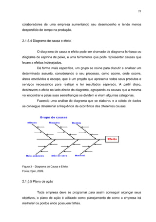 21



colaboradores de uma empresa aumentando seu desempenho e tendo menos
desperdício de tempo na produção.


2.1.5.4 Diagrama de causa e efeito


             O diagrama de causa e efeito pode ser chamado de diagrama Ishkawa ou
diagrama de espinha de peixe, é uma ferramenta que pode representar causas que
levam a efeitos indesejados.
             De forma mais específica, um grupo se reúne para discutir e analisar um
determinado assunto, considerando o seu processo, como ocorre, onde ocorre,
áreas envolvidas e escopo, que é um projeto que apresenta todos seus produtos e
serviços necessários para realizar e ter resultados esperado. A partir disso,
descrevem o efeito no lado direito do diagrama, agrupando as causas que a mesma
vai encontrar e pelas suas semelhanças se dividem e viram algumas categorias.
             Fazendo uma análise do diagrama que se elaborou e a coleta de dados
se consegue determinar a frequência de ocorrência das diferentes causas.




Figura 3 – Diagrama de Causa e Efeito
Fonte: Djair, 2009.



2.1.5.5 Plano de ação


             Toda empresa deve se programar para assim conseguir alcançar seus
objetivos, o plano de ação é utilizado como planejamento de como a empresa irá
melhorar os pontos onde possuem falhas.
 