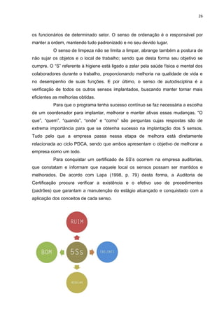 26



os funcionários de determinado setor. O senso de ordenação é o responsável por
manter a ordem, mantendo tudo padronizado e no seu devido lugar.
          O senso de limpeza não se limita a limpar, abrange também a postura de
não sujar os objetos e o local de trabalho; sendo que desta forma seu objetivo se
cumpre. O “S” referente à higiene está ligado a zelar pela saúde física e mental dos
colaboradores durante o trabalho, proporcionando melhoria na qualidade de vida e
no desempenho de suas funções. E por último, o senso de autodisciplina é a
verificação de todos os outros sensos implantados, buscando manter tornar mais
eficientes as melhorias obtidas.
          Para que o programa tenha sucesso contínuo se faz necessária a escolha
de um coordenador para implantar, melhorar e manter ativas essas mudanças. “O
que”, “quem”, “quando”, “onde” e “como” são perguntas cujas respostas são de
extrema importância para que se obtenha sucesso na implantação dos 5 sensos.
Tudo pelo que a empresa passa nessa etapa de melhora está diretamente
relacionada ao ciclo PDCA, sendo que ambos apresentam o objetivo de melhorar a
empresa como um todo.
          Para conquistar um certificado de 5S’s ocorrem na empresa auditorias,
que constatam e informam que naquele local os sensos possam ser mantidos e
melhorados. De acordo com Lapa (1998, p. 79) desta forma, a Auditoria de
Certificação procura verificar a existência e o efetivo uso de procedimentos
(padrões) que garantam a manutenção do estágio alcançado e conquistado com a
aplicação dos conceitos de cada senso.
 