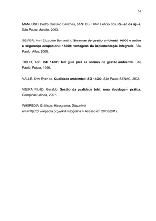 51



MANCUSO, Pedro Caetano Sanches, SANTOS, Hilton Felício dos. Reuso da água.
São Paulo: Manole, 2003.


SEIFER, Mari Elizabete Bernardini. Sistemas de gestão ambiental 14000 e saúde
e segurança ocupacional 18000: vantagens da implementação integrada. São
Paulo: Atlas, 2008.


TIBOR, Tom. ISO 14001: Um guia para as normas de gestão ambiental. São
Paulo: Futura, 1996.


VALLE, Cyro Eyer do. Qualidade ambiental: ISO 14000. São Paulo: SENAC, 2002.


VIEIRA FILHO, Geraldo. Gestão da qualidade total: uma abordagem prática.
Campinas: Alínea, 2007.


WIKIPEDIA. Gráficos: Histograma; Disponível
em<http://pt.wikipedia.org/wiki/Histograma > Acesso em 29/03/2012.
 