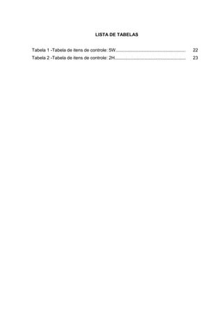 6



                                        LISTA DE TABELAS


Tabela 1 -Tabela de itens de controle: 5W........................................................    22
Tabela 2 -Tabela de itens de controle: 2H.........................................................   23
 