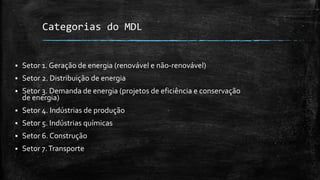 Categorias do MDL
 Setor 1. Geração de energia (renovável e não-renovável)
 Setor 2. Distribuição de energia
 Setor 3. Demanda de energia (projetos de eficiência e conservação
de energia)
 Setor 4. Indústrias de produção
 Setor 5. Indústrias químicas
 Setor 6. Construção
 Setor 7.Transporte
 