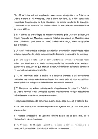 "Art. 69. A União aplicará, anualmente, nunca menos de dezoito, e os Estados, o
Distrito Federal e os Municípios, vinte e cinco por cento, ou o que consta nas
respectivas Constituições ou Leis Orgânicas, da receita resultante de impostos,
compreendidas as transferências constitucionais, na manutenção e desenvolvimento
do ensino público.
§ 1º. A parcela da arrecadação de impostos transferida pela União aos Estados, ao
Distrito Federal e aos Municípios, ou pelos Estados aos respectivos Municípios, não
será considerada, para efeito do cálculo previsto neste artigo, receita do governo
que a transferir.
§ 2º. Serão consideradas excluídas das receitas de impostos mencionadas neste
artigo as operações de crédito por antecipação de receita orçamentária de impostos.
§ 3º. Para fixação inicial dos valores correspondentes aos mínimos estatuídos neste
artigo, será considerada a receita estimada na lei do orçamento anual, ajustada,
quando for o caso, por lei que autorizar a abertura de créditos adicionais, com base
no eventual excesso de arrecadação.
§ 4º. As diferenças entre a receita e a despesa previstas e as efetivamente
realizadas, que resultem no não atendimento dos percentuais mínimos obrigatórios,
serão apuradas e corrigidas a cada trimestre do exercício financeiro.
§ 5º. O repasse dos valores referidos neste artigo do caixa da União, dos Estados,
do Distrito Federal e dos Municípios ocorrerá imediatamente ao órgão responsável
pela educação, observados os seguintes prazos:
I - recursos arrecadados do primeiro ao décimo dia de cada mês, até o vigésimo dia;
II - recursos arrecadados do décimo primeiro ao vigésimo dia de cada mês, até o
trigésimo dia;
III - recursos arrecadados do vigésimo primeiro dia ao final de cada mês, até o
décimo dia do mês subseqüente.
§ 6º. O atraso da liberação sujeitará os recursos a correção monetária e à
responsabilização civil e criminal das autoridades competentes."
 