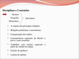 História Disciplinas e Conteúdos Informática Geografia Matemática A origem das principais religiões Religiões politeístas e monoteístas Catequização dos índios. Características regionais do Brasil: o povo e seus costumes Trabalhos com noções espaciais a partir do estudo de mapas Noções de gráficos Leitura de tabelas 