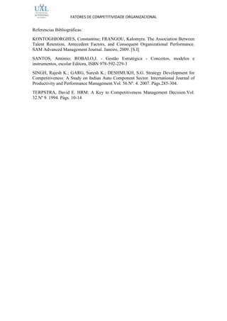 FATORES DE COMPETITIVIDADE ORGANIZACIONAL


Referencias Bibliográficas:
KONTOGHIORGHES, Constantine; FRANGOU, Kalomyra. The Association Between
Talent Retention, Antecedent Factors, and Consequent Organizational Performance.
SAM Advanced Management Journal. Janeiro, 2009. [S.I]
SANTOS, António; ROBALO,J. - Gestão Estratégica - Conceitos, modelos e
instrumentos, escolar Editora, ISBN 978-592-229-3
SINGH, Rajesh K.; GARG, Suresh K.; DESHMUKH, S.G. Strategy Development for
Competitiveness: A Study on Indian Auto Component Sector. International Journal of
Productivity and Performance Management.Vol. 56.Nº. 4. 2007. Págs.285-304.
TERPSTRA, David E. HRM: A Key to Competitiveness Management Decision.Vol.
32.Nº 9. 1994. Págs. 10-14
 