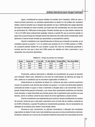 Agora, considerando-se grupos isolados de paredes (sem interação), obtêm-se, para o
mesmo primeiro pavimento, os resultados apresentados na tabela 3.4. Da análise dos resultados
obtidos, pode-se perceber que a situação das paredes em que a distribuição das cargas dependia
de forças de interação em canto e bordas, que neste caso são consideradas, fez com que a tensão
se aproximasse de 1 MPa para os dois grupos. Portanto, tensões que no caso anterior variavam de
1,30 a 0,74 MPa foram praticamente igualadas. Apenas a parede P6, que se encontra isolada no
grupo G3, já que as forças de interação através das aberturas não estão sendo consideradas, ainda
apresenta a mesma tensão elevada que apresentava no procedimento anterior.
Quanto à resistência a ser especificada para os blocos que comporão as paredes, ao se
considerar apenas os grupos 1 e 2, os valores que variavam de 4,5 a 8 MPa passam a 6 MPa.
Já a pequena parede isolada P6, que compõe o grupo G3, deve ser considerada grauteada e
armada. Isso faz com que o bloco de 6 MPa possa ser utilizado em todo o pavimento, o que
representa uma economia significativa.
Tabela 3.4 - Grupos de paredes sem interação.
Grupo Comp. (m) C. tot. (kN) C. dist. (kN/m) Tensão (MPa) Res. bloco (MPa)
G1 6,15 868,8 141,3 1,009 6
G2 6,45 880,9 136,6 0,976 6
G3 0,40 132,8 332,0 2,371 15
Finalmente, pode-se demonstrar a utilização do procedimento de grupos de paredes
com interação. Nesse caso, adotando-se uma taxa de uniformização da diferença de carga de
50%, obtêm-se os resultados que se encontram organizados na tabela 3.5.
Observando-se os resultados da tabela 3.5, verifica-se que para o primeiro pavimento
ocorreu um aumento muito discreto das tensões nos grupos 1 e 2 para uma diminuição bastante
acentuada da tensão no grupo 3. Essa é realmente a situação típica a ser encontrada. Como a
parede isolada tinha pequena dimensão, e por causa disso apresentava problemas com tensões
muito elevadas, a carga transmitida aos demais grupos não é significativa para acrescer as suas
tensões, sendo no entanto suficiente para reduzir de forma significativa a própria tensão.
Quanto à resistência a ser especificada para os blocos, sempre considerando-os vazados
de concreto, verifica-se que o valor para o pavimento como um todo não se modifica, mantendo-se
em 6 MPa. Entretanto, a parede P6 poderá ser simplesmente grauteada, não se necessitando da
utilização de armaduras para resistir à nova tensão obtida.
Percebe-se que, obviamente, os cálculos necessários à obtenção dos resultados
organizados na tabela 3.5 são muito mais trabalhosos que para os dois procedimentos anteriores.
Entretanto, utilizando-se o recurso de uma planilha eletrônica eles podem ser executados de forma
 