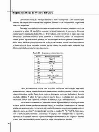 Convém ressaltar que a interação adotada no item d corresponde a uma uniformização
completa das cargas verticais entre todos os grupos, obtendo-se um único valor de carga média
para todas as paredes.
Os grupos foram definidos procurando-se reunir paredes de mesma espessura, conforme
se apresenta na tabela 3.6. Isso foi feito porque a interface entre paredes de espessuras diferentes
precisaria ser realizada através de utilização de armaduras, pela inexistência de blocos especiais
adequados à chamada amarração direta. Conforme já se mencionou, esse é um procedimento
sobre o qual há algumas dúvidas quanto à sua eficiência para a distribuição das ações verticais.
Assim sendo, seria perigoso considerar que as forças de interação nessas interfaces pudessem
se desenvolver de forma completa, a menos que se tratasse de paredes muito pequenas, que
dificilmente trabalhariam de forma independente.
Tabela 3.6 - Grupos e paredes componentes.
Grupo Paredes componentes
G1 P2 e P17
G2 P6 e P11
G3 P1 e P4
G4 P19
G5 P10
G6 P9 e P18
G7 P8
G8 P5, P7, P12 e P14
G9 P13 e P16
G10 P3
G11 P15 e P20
Quanto aos resultados obtidos para as quatro simulações mencionadas, eles serão
apresentados por parede, independentemente delas estarem ou não agrupadas e desses grupos
estarem interagindo ou não. Dessa forma poder-se-á comparar com maior facilidade os diversos
resultados obtidos. A tabela 3.7 apresenta um resumo desses resultados, com as diversas
simulações, sempre para o primeiro pavimento da edificação, que é o mais solicitado.
Com os resultados da tabela 3.7, podem-se observar algumas diferenças muito significativas
na carga vertical atuante em algumas paredes quando se considera o procedimento de paredes
isoladas e grupos de paredes. Normalmente são paredes de pequeno comprimento que se encontram
adjacentes a uma abertura. Podem-se citar, por exemplo, as paredes P4, P5, P6 e P15. Nesse caso,
pode-se afirmar que é fundamental a consideração de um grupo entre essas paredes e as adjacentes,
supondo que as forças de interação sejam suficientes para a uniformização das cargas. Se isso não
for feito, será praticamente impossível especificar blocos com resistência razoável.
 