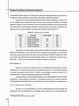 necessidade de utilizar barras e nós adicionais. Nos exemplos apresentados optou-se por localizar o
nó mestre no centro geométrico dos pavimentos, para facilitar a aplicação das ações.
Levando-se em conta a pequena assimetria das estruturas analisadas, o que faz com
que as rotações sejam praticamente nulas, somente serão analisados resultados dos painéis
paralelos ã direção do vento considerada, apesar dos modelos construídos serem tridimensionais.
São comparados os deslocamentos, esforços e tensões normais nas paredes, modelando-se os
edifícios de seis maneiras distintas. A descrição dos modelos é feita na tabela 4.2.
Tabela 4.2 - Modelos para os exemplos.
Modelo Descrição Trechos rígidos Abas
M1 Paredes isoladas - Sim
M2 Paredes com aberturas Não Sim
M3 Paredes com aberturas Sim Sim
M4 Paredes isoladas - Não
M5 Paredes com aberturas Não Não
M6 Paredes com aberturas Sim Não
As ações do vento foram determinadas conforme a NBR 6123. Os comprimentos efetivos
das abas foram adotados como sendo de seis vezes a espessura das paredes e os comprimentos
dos trechos rígidos foram obtidos com base nas recomendações do CEB-FIP Model Code 1990.
Já os lintéis mais solicitados foram dimensionados à flexão e ao cisalhamento de acordo com a
NBR 10837 - Cálculo de Alvenaria Estrutural de Blocos Vazados de Concreto5.
4 . 7 . 1 EXEMPLO 1
Neste item, é analisado o efeito do vento em um edifício de sete pavimentos, com pés-
direitos de 2,74 m. A planta do pavimento tipo é apresentada na figura 4.11. As dimensões externas
do edifício, em planta, são de 18,60 m e 22,20 m, nas direções normais aos eixos X e Y,
respectivamente. O módulo de elasticidade adotado foi de 4.480 MPa.
As forças devidas ao vento foram determinadas para uma velocidade básica de 45 m/s. O fator
topográfico S, e o fator estatístico S3 são iguais a 1.0. A categoria do terreno é IV e a classe da edificação
é B. Os coeficientes de arrasto são 0,99 e 1,03, considerando-se o vento nas direções X e V, respectivamente.
4 . 7 . 1 . 1 DESLOCAMENTOS HORIZONTAIS
Na figura 4.12 são apresentadas as curvas de deslocamentos horizontais obtidas nos
modelos M1, M2 e M3. Observando-se as referidas curvas, verifica-se que o comportamento do
s Associação Brasileira de Normas Técnicas (1989).
 