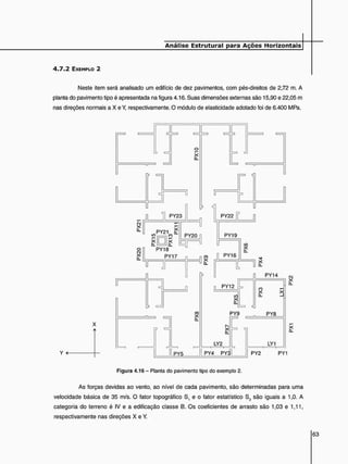 4 . 7 . 2 EXEMPLO 2
Neste item será analisado um edifício de dez pavimentos, com pés-direitos de 2,72 m. A
planta do pavimento tipo é apresentada na figura 4.16. Suas dimensões externas são 15,90 e 22,05 m
nas direções normais a X e Y, respectivamente. O módulo de elasticidade adotado foi de 6.400 MPa.
x
CL
Y <-
JL 1 P Y 2 3
PY21 cl
lO, co PY20
•RT
PY5
PY18
PY17 n
D Jl
f g g J í n
PY19
5 . P Y 1 6
<0
X
CL
u m
PY12
PY9
LY2
PY4 PY3
-<fr
x
o.
PY14
co
x
CL
PY8
LY1
CM
x
CL
X
CL
PY2 PY1
Figura 4.16 - Planta do pavimento tipo do exemplo 2.
As forças devidas ao vento, ao nível de cada pavimento, são determinadas para uma
velocidade básica de 35 m/s. O fator topográfico S, e o fator estatístico S3 são iguais a 1,0. A
categoria do terreno é IV e a edificação classe B. Os coeficientes de arrasto são 1,03 e 1,11,
respectivamente nas direções X e Y.
 