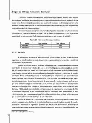 A eficiência costuma variar bastante, dependendo da sua forma, material e até mesmo
da resistência dos blocos. Normalmente, quanto mais resistente for o bloco menor será a eficiência
e vice-versa. Também se pode considerar que usualmente os blocos cerâmicos apresentem uma
eficiência menor que a dos blocos de concreto. Além disso, características dos outros componentes
podem influir na eficiência parede-bloco.
Considerando-se os casos mais comuns no Brasil: paredes executadas com blocos vazados
de concreto ou cerâmicos (resistência entre 4,5 e 20 MPa), não-grauteadas e com argamassas
usuais, pode-se estimar que a eficiência apresente os valores que constam da tabela 5.1.
Tabela 5.1 - Valores da eficiência parede-bloco.
Bloco Valor mínimo Valor máximo
Concreto 0,40 0,60
Cerâmico 0,20 0,50
5 . 2 . 1 . 2 ARGAMASSA
É interessante se destacar pelo menos dois fatores quando se trata da influência da
argamassa na resistência à compressão das paredes: a espessura da junta horizontal e a resistência
à compressão da argamassa.
Quanto ao primeiro aspecto, está bem estabelecido que a espessura da junta precisa se
situar dentro de limites muito estreitos. Ela não pode ser muito pequena, pois isso poderia permitir
que, por falhas na execução, pontos das superfícies dos blocos acabassem se tocando. Obviamente,
essa situação provocaria uma concentração de tensões que prejudicaria a resistência da parede.
Entretanto, desde um trabalho pioneiro de Francis (1971) foi comprovado que a resistência da
parede decresce com o aumento da espessura da junta horizontal. Isso se explica porque com o
aumento da espessura diminui o confinamento da argamassa. E é exatamente esse confinamento
que torna a argamassa pouco suscetível à ruptura, mesmo que a sua resistência à compressão,
medida em corpos-de-prova cilíndricos, seja relativamente baixa. Assim, segundo Sahlin6 apud
Camacho (1995), a cada aumento de 0,3 cm na espessura da argamassa há uma redução de 15%
na resistência da parede. Numa concordância implícita com esses fatos apresentados, a NBR
10837 especifica que a espessura da junta horizontal entre blocos deve ser igual a 1 cm, a menos
que se justifique tecnicamente a adoção de um outro valor.
Quanto à resistência à compressão da argamassa, conforme já se afirmou em item
anterior, esse parâmetro não influi de forma tão significativa na resistência à compressão da parede.
Apenas se a resistência da argamassa for menor que 30% ou 40% da resistência do bloco é que
essa influência pode ser considerada importante. Por exemplo, segundo os resultados obtidos por
6 SAHLIN, S. (1971). Structural Masonry.
 
