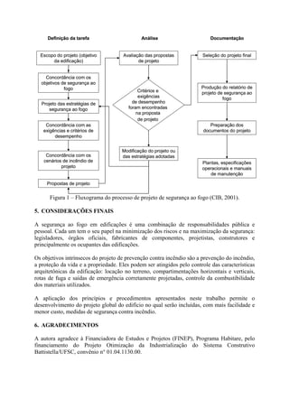Definição da tarefa

Análise

Documentação

Escopo do projeto (objetivo
da edificação)

Avaliação das propostas
de projeto

Seleção do projeto final

Concordância com os
objetivos de segurança ao
fogo
Projeto das estratégias de
segurança ao fogo

Critérios e
exigências
de desempenho
foram encontradas
na proposta
de projeto

Preparação dos
documentos do projeto

Concordância com as
exigências e critérios de
desempenho

Concordância com os
cenários de incêndio de
projeto

Produção do relatório de
projeto de segurança ao
fogo

Modificação do projeto ou
das estratégias adotadas
Plantas, especificações
operacionais e manuais
de manutenção

Propostas de projeto

Figura 1 – Fluxograma do processo de projeto de segurança ao fogo (CIB, 2001).
5. CONSIDERAÇÕES FINAIS
A segurança ao fogo em edificações é uma combinação de responsabilidades pública e
pessoal. Cada um tem o seu papel na minimização dos riscos e na maximização da segurança:
legisladores, órgãos oficiais, fabricantes de componentes, projetistas, construtores e
principalmente os ocupantes das edificações.
Os objetivos intrínsecos do projeto de prevenção contra incêndio são a prevenção do incêndio,
a proteção da vida e a propriedade. Eles podem ser atingidos pelo controle das características
arquitetônicas da edificação: locação no terreno, compartimentações horizontais e verticais,
rotas de fuga e saídas de emergência corretamente projetadas, controle da combustibilidade
dos materiais utilizados.
A aplicação dos princípios e procedimentos apresentados neste trabalho permite o
desenvolvimento do projeto global do edifício no qual serão incluídas, com mais facilidade e
menor custo, medidas de segurança contra incêndio.
6. AGRADECIMENTOS
A autora agradece à Financiadora de Estudos e Projetos (FINEP), Programa Habitare, pelo
financiamento do Projeto Otimização da Industrialização do Sistema Construtivo
Battistella/UFSC, convênio n° 01.04.1130.00.

 