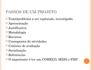 PASSOS DE UM PROJETO
 Tema/problema a ser explorado, investigado;
 Apresentação
 Justificativa
 Metodologia
 Recursos
 Cronograma de atividades
 Critérios de avaliação
 Socialização
 Referências
 O importante é ter um COMEÇO, MEIO e FIM!
 