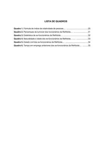 LISTA DE QUADROS
Quadro 1. Fórmula de índice de rotatividade de pessoas.... .......................................25
Quadro 2. Percentuais de turnover dos funcionários da Refribrás.... ..........................31
Quadro 3. Estatística de ex-funcionários da Refribrás.... ............................................32
Quadro 4. Naturalidade e idade dos ex-funcionários da Refribrás.. ...... .....................33
Quadro 5. Estado civil dos ex-funcionários da Refribrás.... .........................................34
Quadro 6. Tempo em emprego anteriores dos ex-funcionários da Refribrás.... ..........35
 